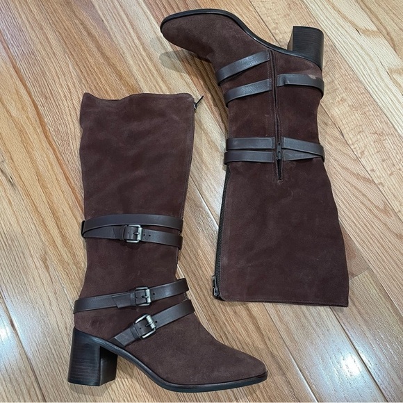 Bernardo Brown Suede Wrap Buckle 2 Way Fold Zipper Heeled Bennie Boot EUC Size 9 - Picture 4 of 11